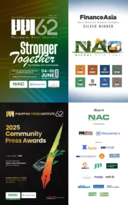 A four-panel print advertisement for the Philippine Press Institute's 62nd anniversary, featuring event details, institutional partners like Nickel Asia Corporation and Megaworld, and the 2025 Community Press Awards layout.