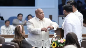 Senator Ronald Bato dela Rosa during a Philippine Senate session amid ICC arrest warrant reports.