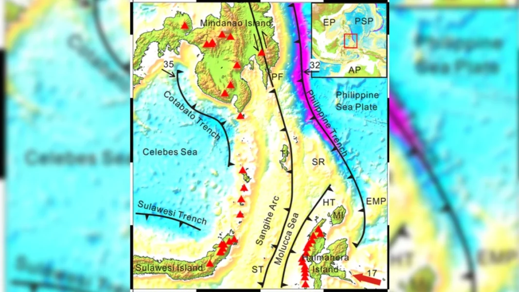 A geological map of Mindanao Island and the Celebes Sea highlighting subduction zones and fault lines, including the Cotabato Trench, Philippine Trench, and the Sangihe Arc.