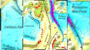 A geological map of Mindanao Island and the Celebes Sea highlighting subduction zones and fault lines, including the Cotabato Trench, Philippine Trench, and the Sangihe Arc.