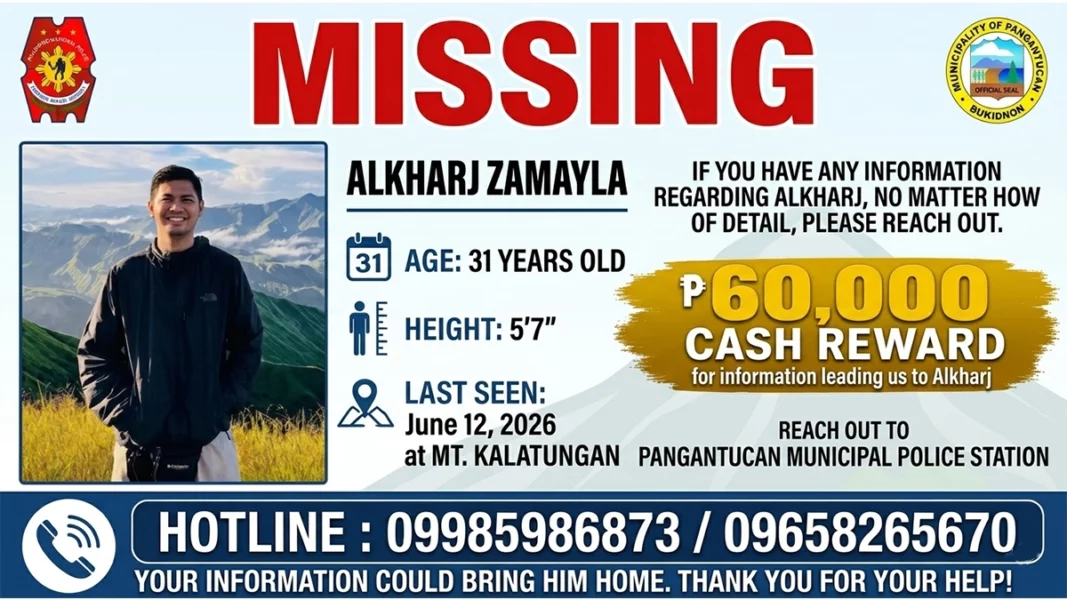 An official missing person emergency poster titled Untitled-2.jpg for Alkharj Zamayla, a 31-year-old mountaineer measuring 5 feet 7 inches tall, who was last seen on June 12, 2026, at Mt. Kalatungan. The graphic features his portrait, the logos of the Pangantucan Municipal Police Station and the Province of Bukidnon, a notice for a 60,000-peso cash reward, and contact hotlines.