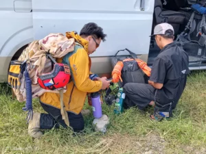 An 11-member volunteer search and rescue team checks their equipment and gear in Pangantucan, Bukidnon, on Wednesday, June 17, 2026, before deploying into the Mt. Kalatungan forest to search for missing hiker Alkharj Zamayla
