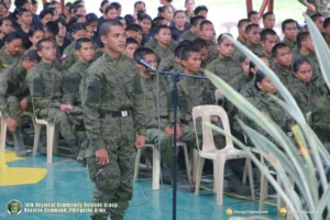 Army cadet officers under the 10th Regional Community Defense Group listening to senior military commanders during a leadership mentorship training.