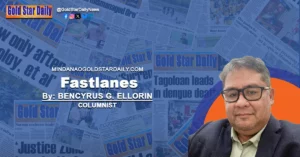 Mindanao Gold Star Daily opinion column banner featuring Fastlanes by columnist Bencyrus G. Ellorin against a background of archived print newspaper front pages