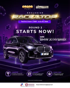 A promotional poster for the BingoPlus VIP Club "Exclusive Race to the Top" Round 2 campaign, featuring a black BMW X1 Hybrid on a lit platform against a purple-toned city skyline backdrop.