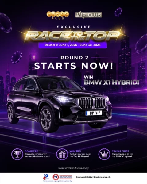 A promotional poster for the BingoPlus VIP Club "Exclusive Race to the Top" Round 2 campaign, featuring a black BMW X1 Hybrid on a lit platform against a purple-toned city skyline backdrop.