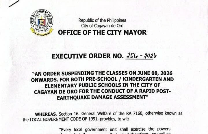 The official memorandum issued by Cagayan de Oro City Mayor Rolando Uy on Monday, June 8, 2026, suspending classes from preschool to grade 6 in public and private schools following a magnitude 7.0 earthquake. (Photo supplied)