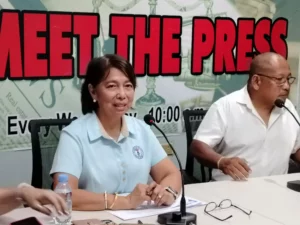 Cagayan de Oro Water District General Manager Edna Najeal speaks at a podium during the Meet the Press forum hosted by the Cagayan de Oro Press Club in Cagayan de Oro City.