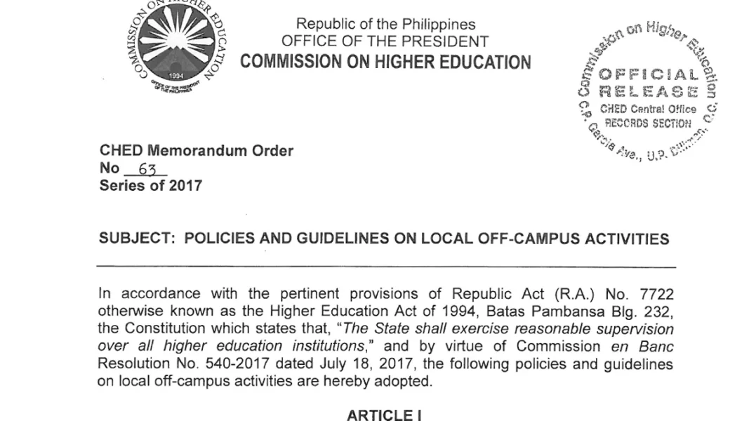 The official document header of Commission on Higher Education Memorandum Order No. 63, series of 2017, detailing policies and guidelines on local off-campus activities with an official release stamp.