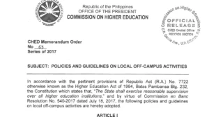 The official document header of Commission on Higher Education Memorandum Order No. 63, series of 2017, detailing policies and guidelines on local off-campus activities with an official release stamp.