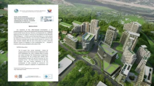 A digital composite graphic featuring an official Department of Environment and Natural Resources Region 10 legal resolution dated June 23, 2026, on the left, and a 3D architectural aerial rendering of the proposed modern high-rise Manresa Town development in Cagayan de Oro City on the right.