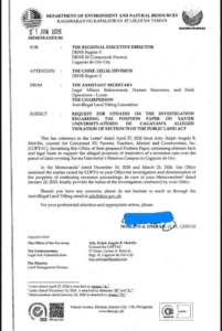 Official Department of Environment and Natural Resources memorandum directing a status report on the Xavier University Manresa Campus land investigation.