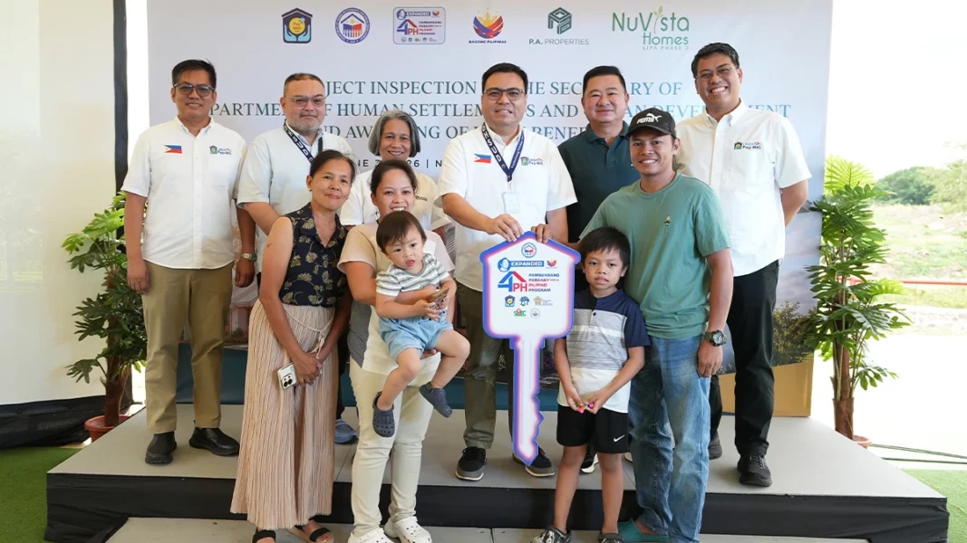 DHSUD Secretary Jose Ramon Aliling, Pag-IBIG Fund CEO Marilene Acosta, and P.A. Properties Chairman Romarico Alvarez inspecting the Solida model house during a housing turnover ceremony in Lipa City, Batangas.