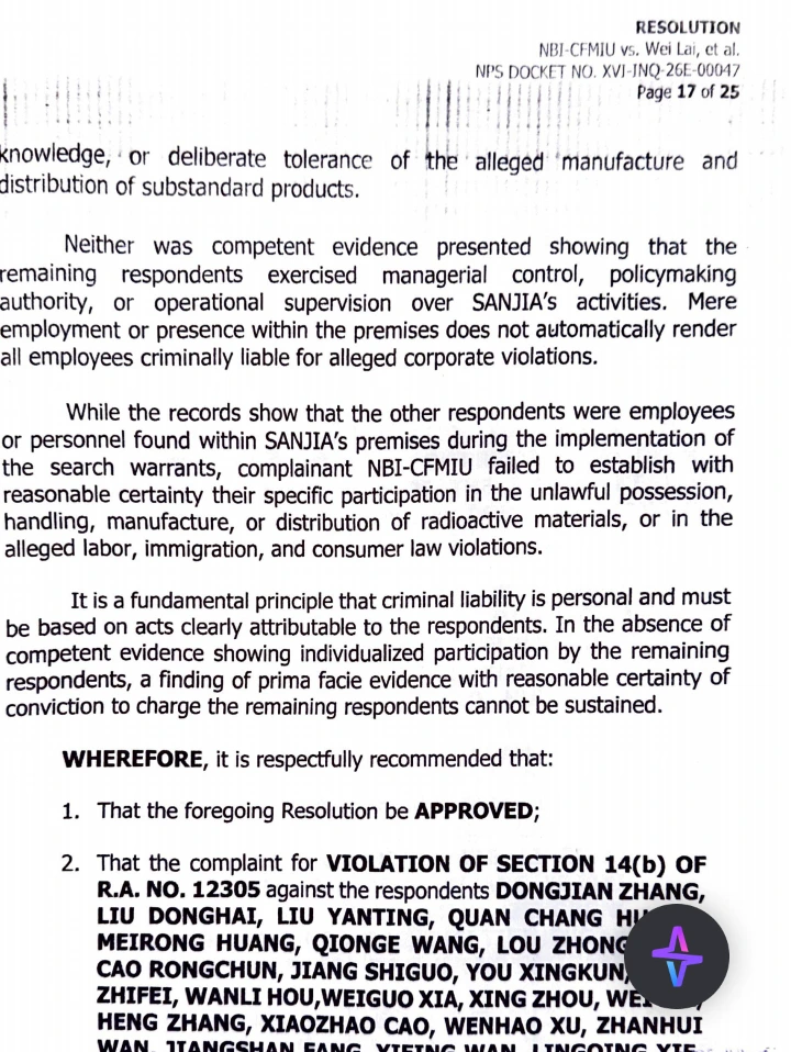 A close-up screenshot of page 17 of the official Department of Justice resolution for NPS Docket No. XVI-INQ-26E-00047, detailing the dismissal of charges against San Jia Steel employees due to a lack of individualized evidence.