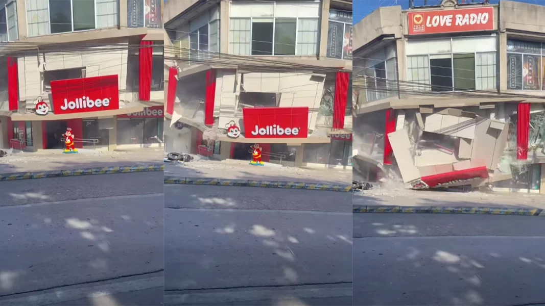 Multiple-frame screenshot showing the structural collapse of a Jollibee fast-food restaurant building in General Santos City following the magnitude 7.8 earthquake.