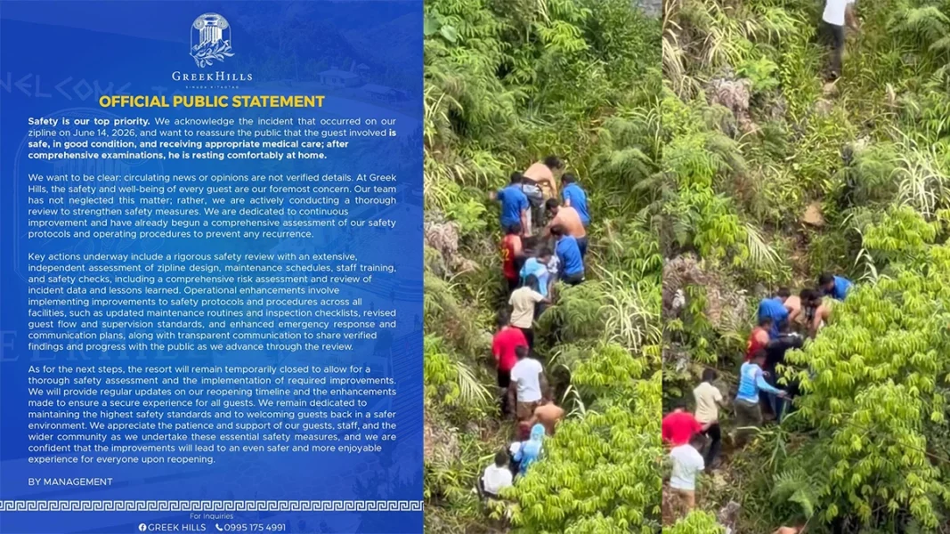 The zipline attraction at the Greek Hills Resort in Barangay Sinuda, Kitaotao, Bukidnon remains closed following a structural cable failure on Sunday, June 14, 2026. A 25-year-old tourist was injured in the incident, prompting local government officials to issue a cease-and-desist order against the unaccredited facility.
