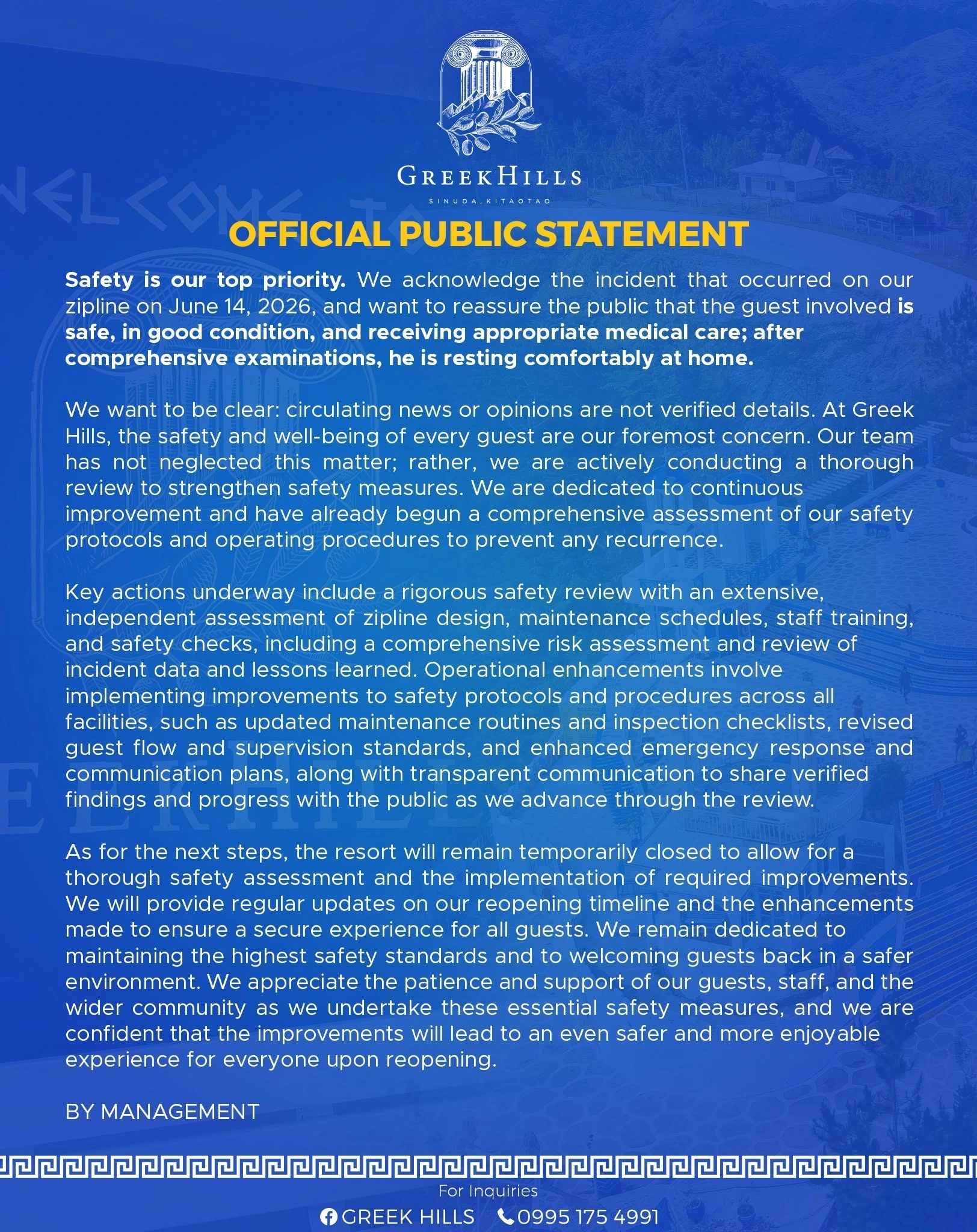 Official graphic statement from Greek Hills resort management in Sinuda, Kitaotao regarding a zipline incident on June 14, 2026. The text outlines the guest's safe recovery at home, an unverified news warning, a temporary resort closure, and a comprehensive review of safety protocols, equipment design, and staff training.