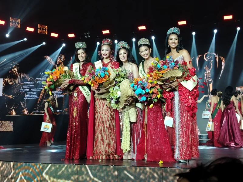 The top five winners of Miss Philippines Earth 2026 stand together on stage in evening gowns, crowns, and sashes during the national coronation night.
