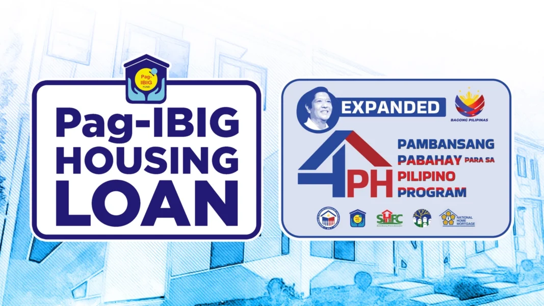 Official promotional graphic for the Philippine government's Expanded Pambansang Pabahay para sa Pilipino Program (4PH) and Pag-IBIG Housing Loan, featuring the program logo, the portrait of President Marcos, and the seals of DHSUD, SHFC, and National Home Mortgage.