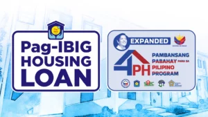 Official promotional graphic for the Philippine government's Expanded Pambansang Pabahay para sa Pilipino Program (4PH) and Pag-IBIG Housing Loan, featuring the program logo, the portrait of President Marcos, and the seals of DHSUD, SHFC, and National Home Mortgage.