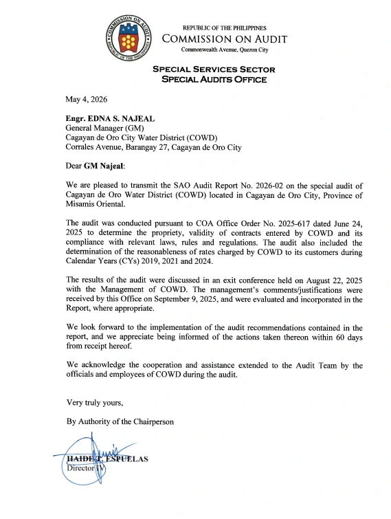 An official transmittal letter from the Republic of the Philippines Commission on Audit (COA) Special Audits Office, dated May 4, 2026. The document is addressed to Engr. Edna S. Najeal, General Manager of the Cagayan de Oro City Water District (COWD), transmitting SAO Audit Report No. 2026-02. The letter outlines a special audit on the validity of COWD contracts and consumer water rates for the calendar years 2019, 2021, and 2024, and is signed by COA Director IV Haidee T. Espuelas.