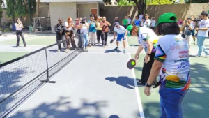A wide horizontal shot of the newly opened outdoor pickleball courts at the Unity Sports Facility inside De Lara Park, showing the painted courts, net setup, and surrounding recreational area on the Misamis Oriental Capitol grounds.