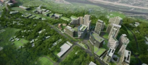 An aerial digital illustration of the proposed Manresa Town township project in uptown Cagayan de Oro City, featuring clusters of modern high-rise buildings, green rooftops, and surrounding forested areas.