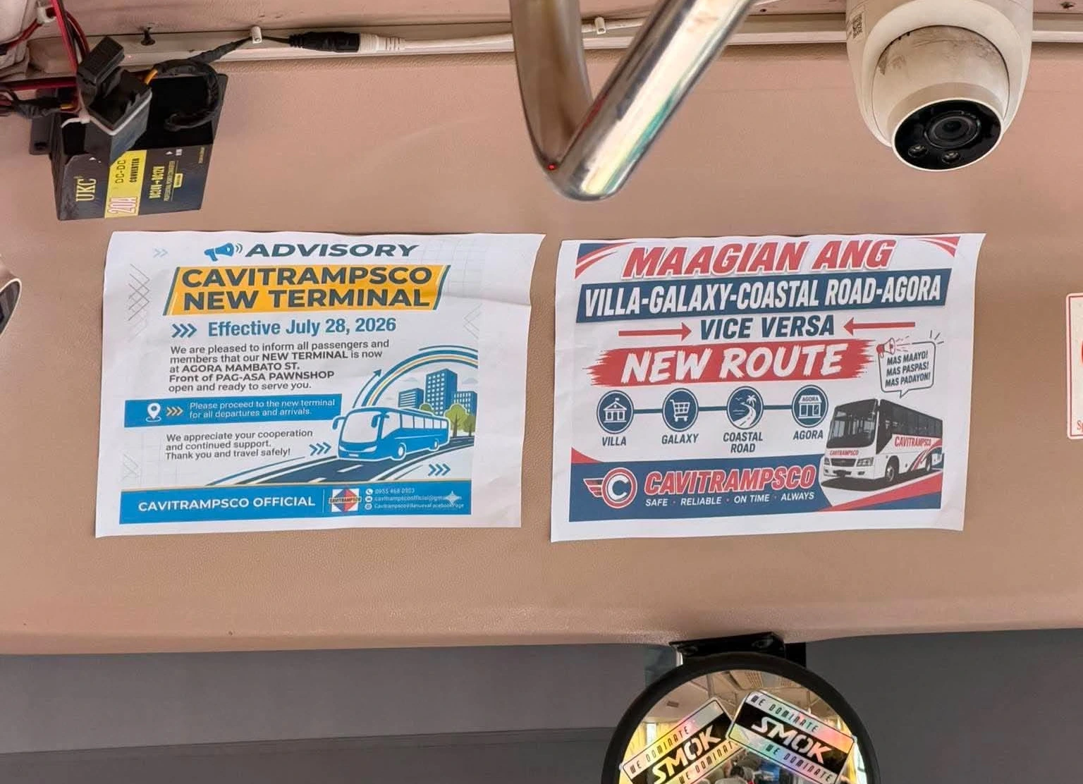 Advisory flyers posted inside a transit unit details updated route schedules under Section 120 of Cagayan de Oro City Ordinance No. 10551-2007 [cite: CAGAYAN DE ORO CITY — Thousands of commuters from neighboring towns faced longer trips and additional transportation costs this week as the city began enforcing a long-standing ordinance requiring provincial public utility vehicles (PUVs) and buses to use only the designated transport terminals in Bulua and Agora. Photo courtesy of Lizzie Bacor