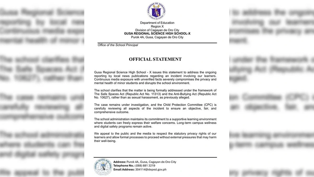 OFFICIAL STATEMENT: Gusa Regional Science High School - X addresses media coverage regarding a student incident, clarifying that the matter is being investigated by its Child Protection Committee under the Safe Spaces Act and Anti-Bullying Act, while urging the public and media to respect student privacy.