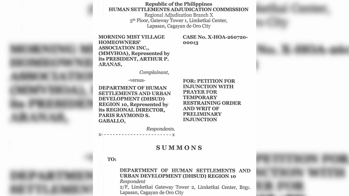 Human Settlements Adjudication Commission Chief Regional Adjudicator Rhona B. Albarece orders a hearing for Case No. X-HOA-260720-00013 in Cagayan de Oro, Philippines, July 21, 2026. The order follows a petition by the Morning Mist Village Homeowners Association seeking to stop a Department of Human Settlements and Urban Development assembly. Supllied Photo