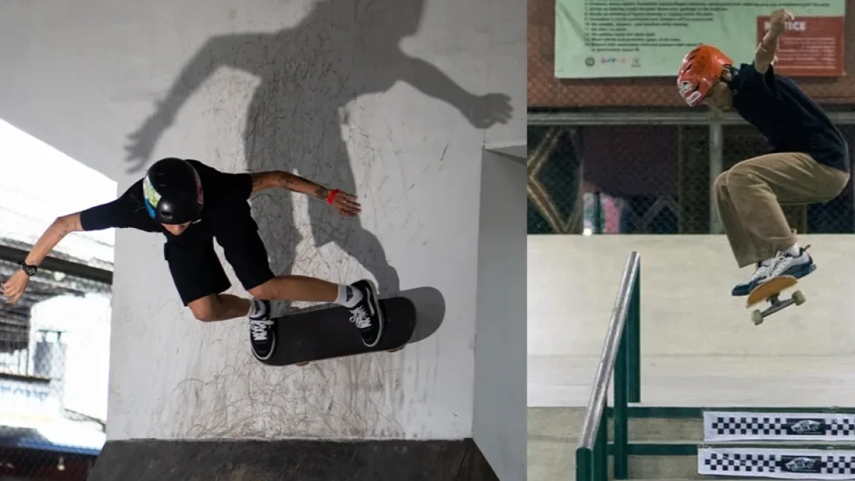 Skateboarders Izza May Bade, left, and Garren Pol Garrido, right, perform tricks during practice sessions. The two Cagayan de Oro athletes are preparing for the upcoming 41st Kadayawan Open Skateboarding Competition in Davao City despite facing a lack of public skate facilities in their home city. Supplied photos