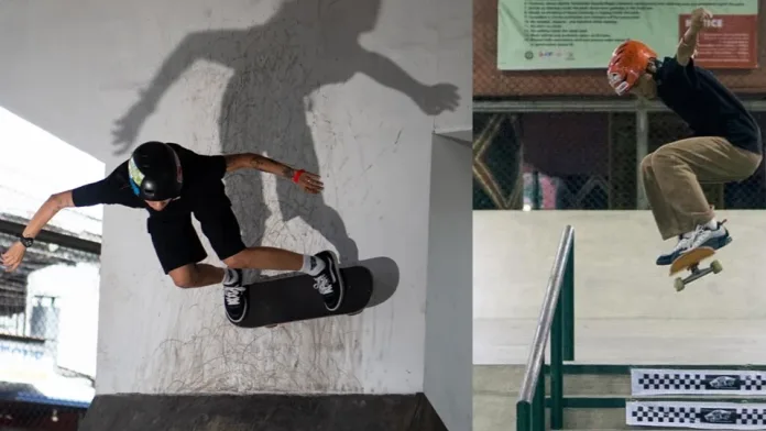 Skateboarders Izza May Bade, left, and Garren Pol Garrido, right, perform tricks during practice sessions. The two Cagayan de Oro athletes are preparing for the upcoming 41st Kadayawan Open Skateboarding Competition in Davao City despite facing a lack of public skate facilities in their home city. Supplied photos