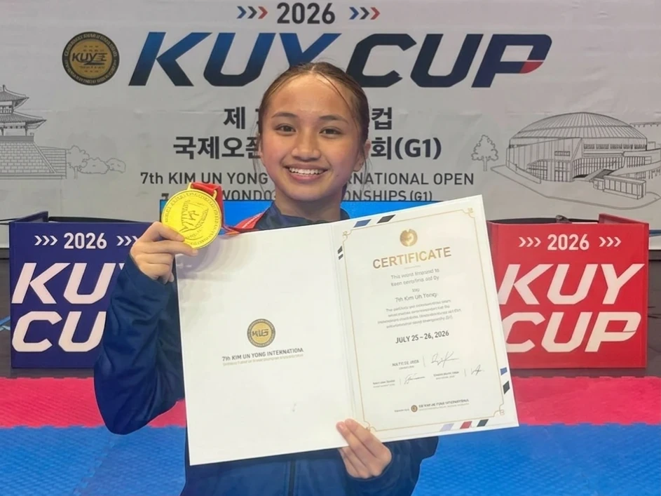 National Academy of Sports student-athlete Ma. Jezrah Lyana Velo Timpangco displays her gold medal at the 7th Kim Un Yong Cup International Open Taekwondo Championship at Jangchung Arena in Seoul, South Korea. Timpangco's success highlights the impact of state-backed athletic programs like the National Academy of Sports in nurturing regional grassroots talent from Zamboanga City for international competition. (Photo Courtesy of ZC Sports FB Page)