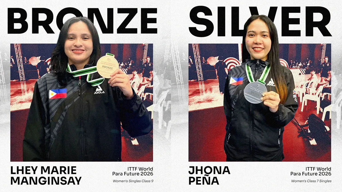 Philippine para table tennis athletes Jhona Peña, left, and Lhey Marie Manginsay hold the national flag during the ITTF World Para Future 2026 tournament in Nakhon Ratchasima, Thailand, on Tuesday, July 28, 2026. The duo represented the country in international competition following rigorous regional qualifiers. (Photo courtesy of PSC)
