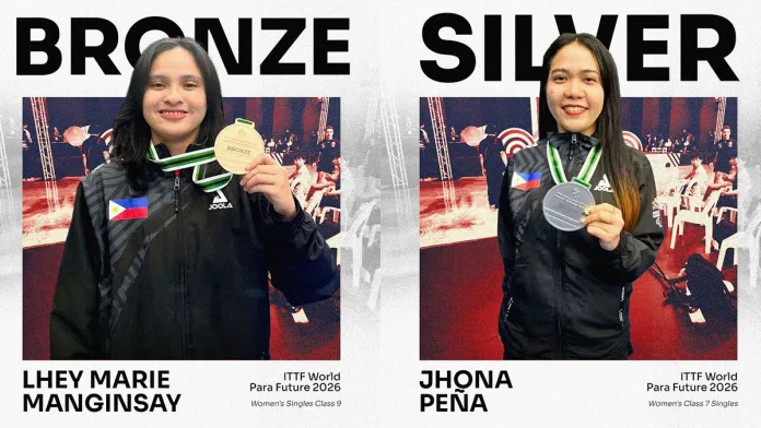 Philippine para table tennis athletes Jhona Peña, left, and Lhey Marie Manginsay hold the national flag during the ITTF World Para Future 2026 tournament in Nakhon Ratchasima, Thailand, on Tuesday, July 28, 2026. The duo represented the country in international competition following rigorous regional qualifiers. (Photo courtesy of PSC)