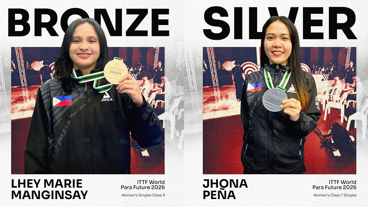 Philippine para table tennis athletes Jhona Peña, left, and Lhey Marie Manginsay hold the national flag during the ITTF World Para Future 2026 tournament in Nakhon Ratchasima, Thailand, on Tuesday, July 28, 2026. The duo represented the country in international competition following rigorous regional qualifiers. (Photo courtesy of PSC)