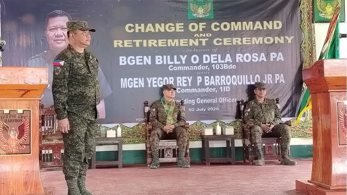 Outgoing 103rd Infantry "Haribon" Brigade Commander Brig. Gen. Billy O. Dela Rosa (left) shakes hands with incoming commander Col. Jessie R. Montoya after the formal turnover of command during the Change of Command and Retirement Ceremony at Camp Ranao in Marawi City on July 2. Montoya officially assumed leadership of the brigade as Dela Rosa retired after 34 years of military service. (Photo by Bonita L. Ermac)