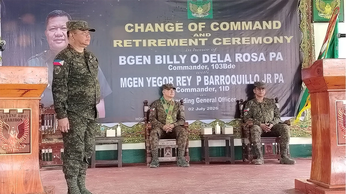 Outgoing 103rd Infantry "Haribon" Brigade Commander Brig. Gen. Billy O. Dela Rosa (left) shakes hands with incoming commander Col. Jessie R. Montoya after the formal turnover of command during the Change of Command and Retirement Ceremony at Camp Ranao in Marawi City on July 2. Montoya officially assumed leadership of the brigade as Dela Rosa retired after 34 years of military service. (Photo by Bonita L. Ermac)