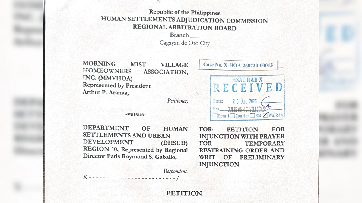 The official Human Settlements Adjudication Commission filing document shows the petition lodged by Morning Mist Village Homeowners Association against DHSUD-10 Regional Director Paris Raymond S. Gaballo. Filed in Cagayan de Oro City, the legal action seeks to protect the community’s scheduled Aug. 22 elections and halt government intervention in the uptown subdivision. (Photo Courtesy of MMVHOA)