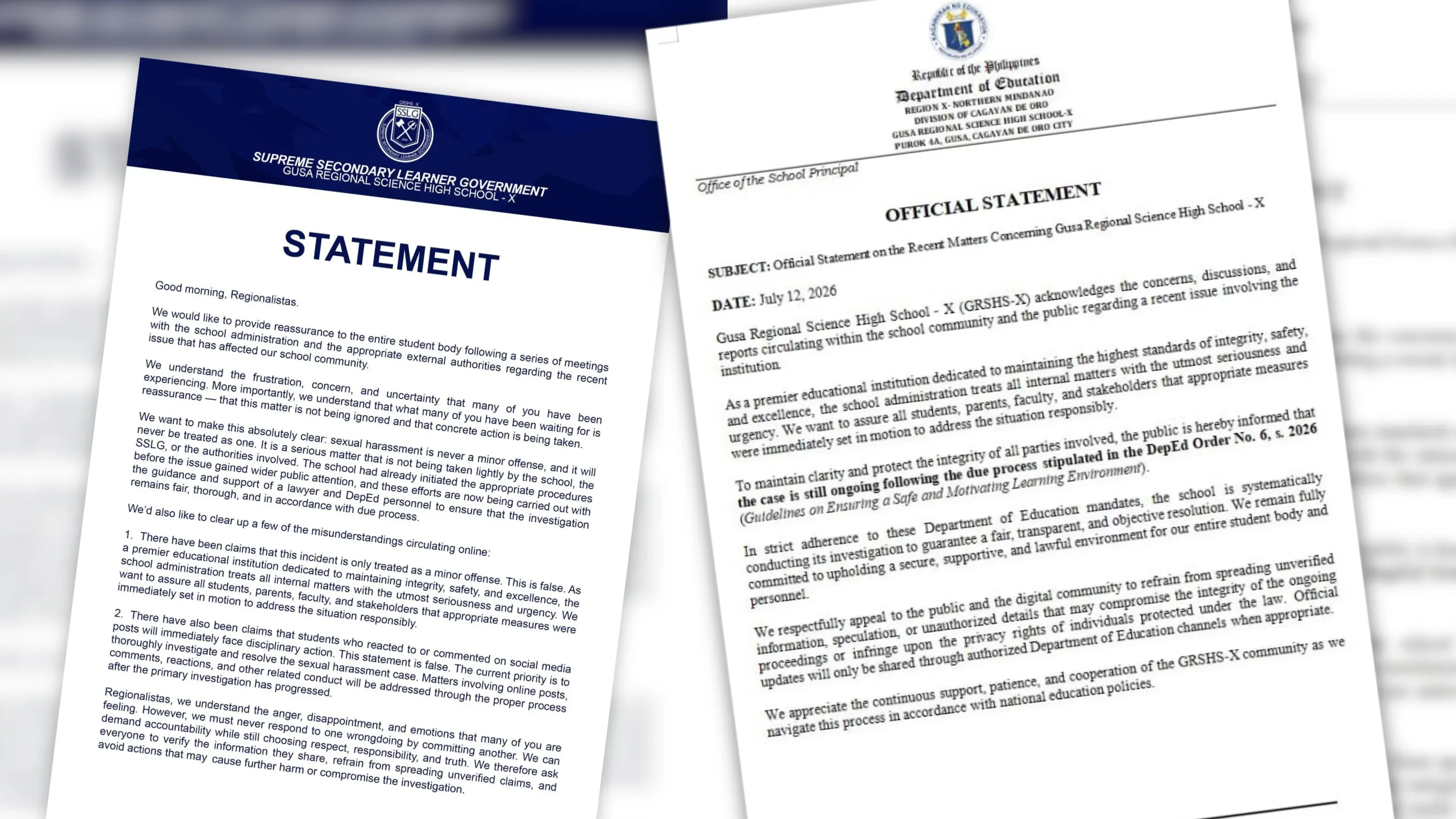 OFFICIAL STATEMENTS. Separate official statements posted on the Facebook pages of the GRSHS-X administration and the SSLG assure students and parents of a fair, formal probe into the reported harassment case. (Screengrabs from FB)