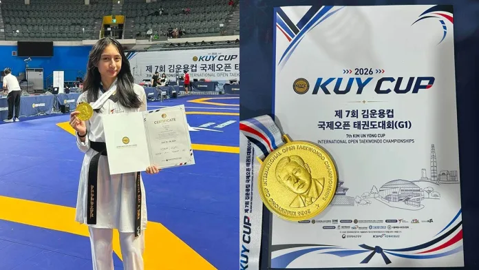 Kagay-anon taekwondo standout Samantha Gley Duria displays her gold medal and award certificate following her championship victory at the 7th Kim Un Yong Cup International Open Taekwondo Championships in Seoul, South Korea, on Sunday, July 26, 2026. Duria's victory adds to her growing international resume, following previous national titles at Palarong Pambansa and appearances for the Philippine cadet national team. (Supplied Photo)