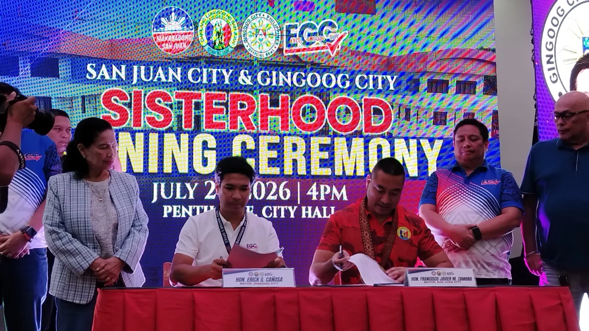 San Juan City Mayor Francisco Javier Zamora, El Salvador City Mayor Edgar Lignes, and Gingoog City Mayor Eric Cañosa sign historic sisterhood agreements on Wednesday, July 29, 2026. The inter-city partnership formalizes cooperation across trade, tourism, education, and local governance initiatives between the Metro Manila municipality and the Northern Mindanao cities. (Photo by Shiela Mae Butlig)