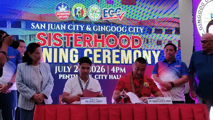 San Juan City Mayor Francisco Javier Zamora, El Salvador City Mayor Edgar Lignes, and Gingoog City Mayor Eric Cañosa sign historic sisterhood agreements on Wednesday, July 29, 2026. The inter-city partnership formalizes cooperation across trade, tourism, education, and local governance initiatives between the Metro Manila municipality and the Northern Mindanao cities. (Photo by Shiela Mae Butlig)