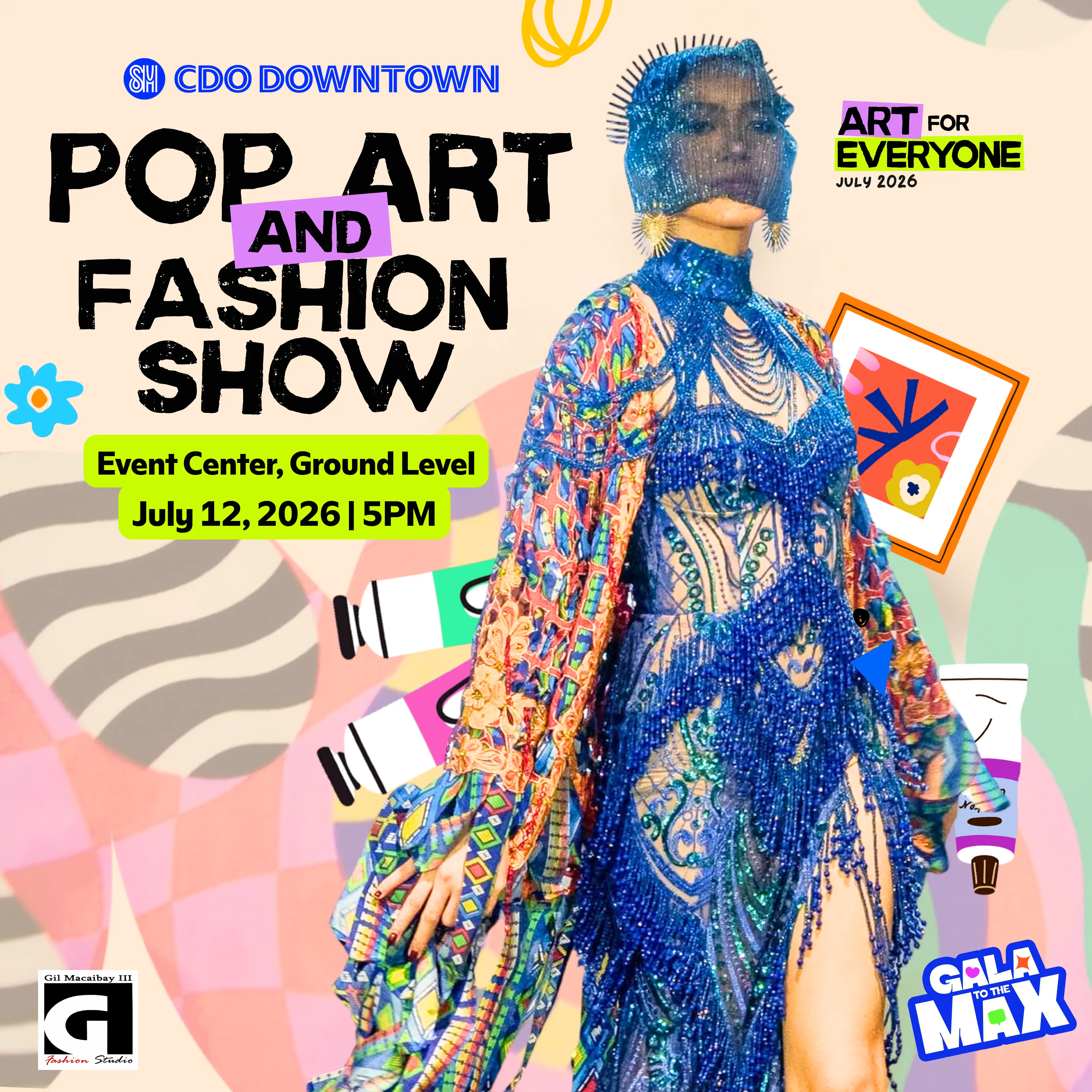 The event poster for the "POP OFF" art and haute couture showcase announces a public presentation at the ground level Event Center of SM CDO Downtown in Cagayan de Oro City. The July 12, 2026, exhibition marks a continuing regional initiative to showcase northern Mindanao fashion designers. (Supplied Image)