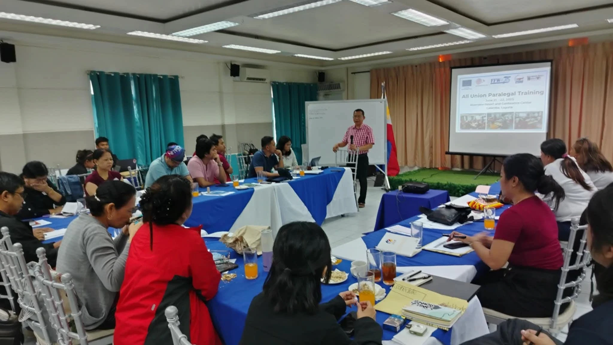 Federation of Free Workers (FFW) President Atty. Sonny Matula, center, joins union members during the Workers' Rights Watch Paralegal Training in Laguna. The labor federation issued a statement on Friday calling on President Ferdinand Marcos Jr. to prioritize a ₱200 daily wage hike, an end to contractualization, and protection for platform workers in his upcoming State of the Nation Address. (Supplied Photo)