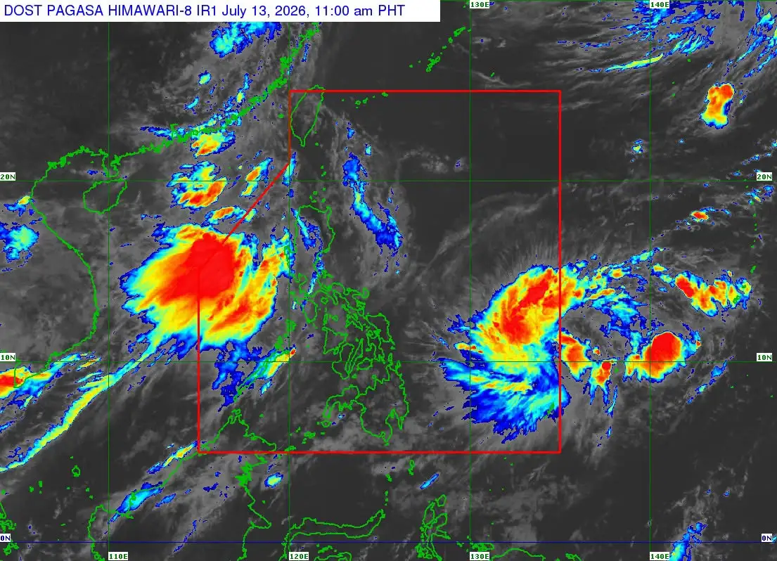 The Philippine Atmospheric, Geophysical and Astronomical Services Administration (PAGASA) issued a severe weather advisory at 11:00 AM on Monday, July 13, 2026, confirming that a low pressure area has upgraded into Tropical Depression Haishen. Forecasters state the cyclone maintains a central pressure of 1006 hPa with strong winds extending up to 480 kilometers from its center. Photo coutesy of DOST Pag-Asa