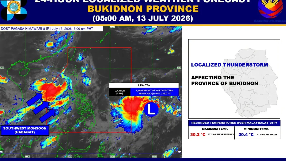 Partly cloudy to cloudy skies are expected across Bukidnon province, including the cities of Malaybalay and Valencia, on Monday, July 13, 2026. State weather forecasters warned of isolated rain showers or thunderstorms caused by localized convective activity. Residents in low-lying areas are advised to remain alert for potential flash floods or landslides during periods of severe weather. (Photo courtesy of Pagasa Maybalay Bukidnon))