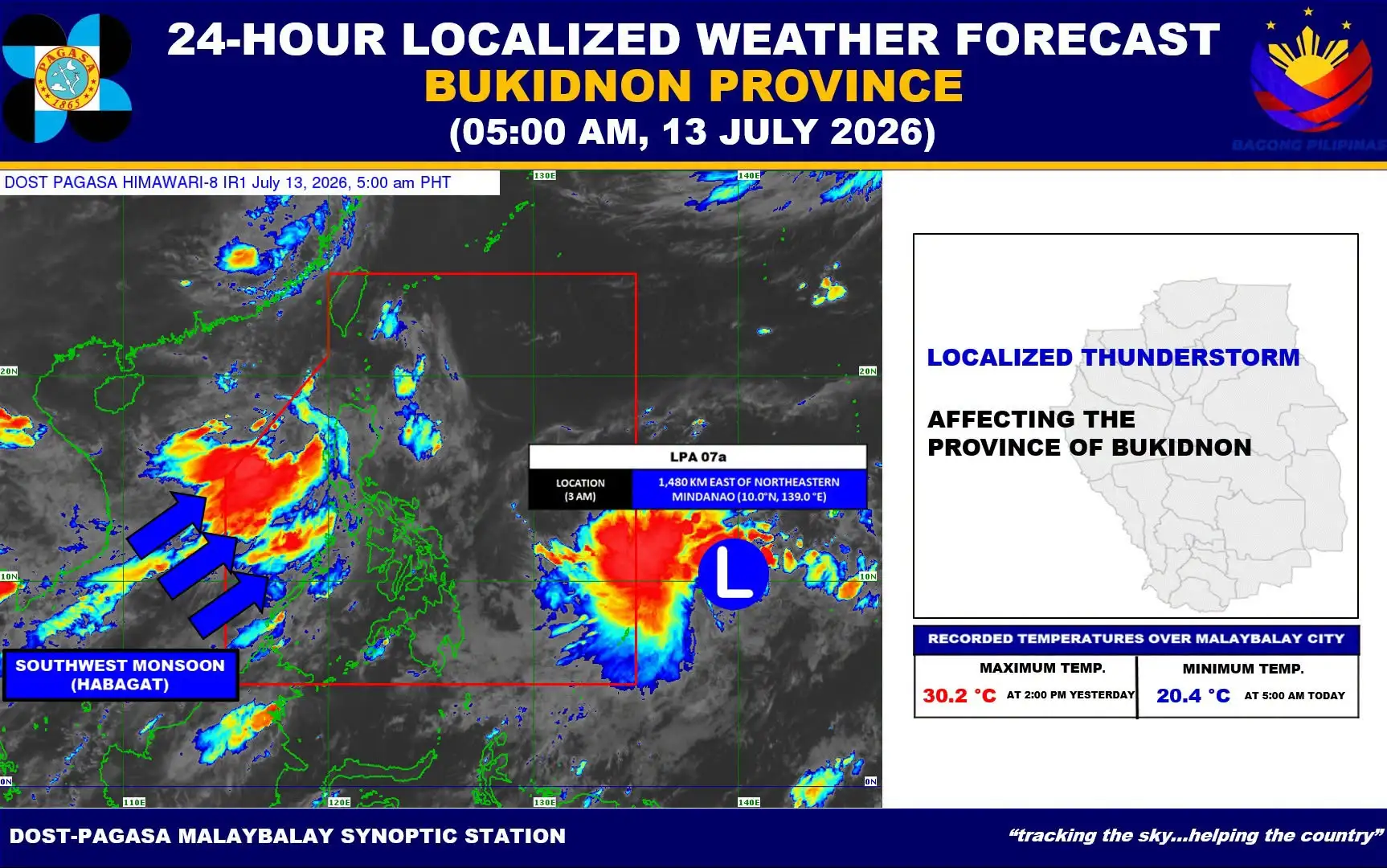 Partly cloudy to cloudy skies are expected across Bukidnon province, including the cities of Malaybalay and Valencia, on Monday, July 13, 2026. State weather forecasters warned of isolated rain showers or thunderstorms caused by localized convective activity. Residents in low-lying areas are advised to remain alert for potential flash floods or landslides during periods of severe weather. (Photo courtesy of Pagasa Maybalay Bukidnon))