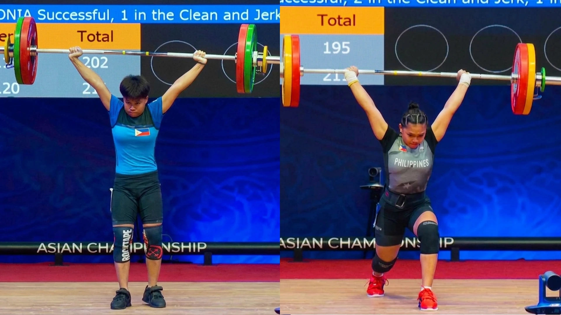Philippine weightlifters Angeline Colonia (left) and Jhodie Peralta (right) perform overhead lifts during the 2026 Asian Youth and Junior Weightlifting Championships in Tashkent, Uzbekistan, on Sunday, Aug. 9, 2026. Zamboanga City natives Peralta and Colonia helped propel Team Philippines to a 26-medal tally—including 13 golds—over three days of competition. (Photo courtesy of Samahang Weightlifting ng Pilipinas)