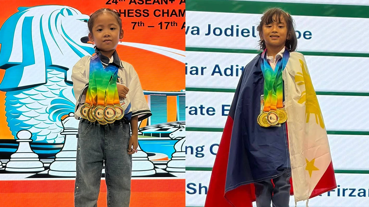 Young Mindanao chess prodigies Elisha Romarate, left, of Dipolog City, and Jodiel Chloe Banawa, right, of Isabela, display their medals earned during the 24th ASEAN+ Age-Group Chess Championships in Singapore. Banawa swept six gold medals in the Girls Under-6 division, while Romarate captured six medals to help lead the Philippines to a historic second-place overall finish with 83 total medals. (Photos courtesy of Diane Ramos and Geronimo Romarate)